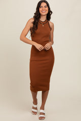 Camel Contrast Stripe Knit Maternity Midi Dress