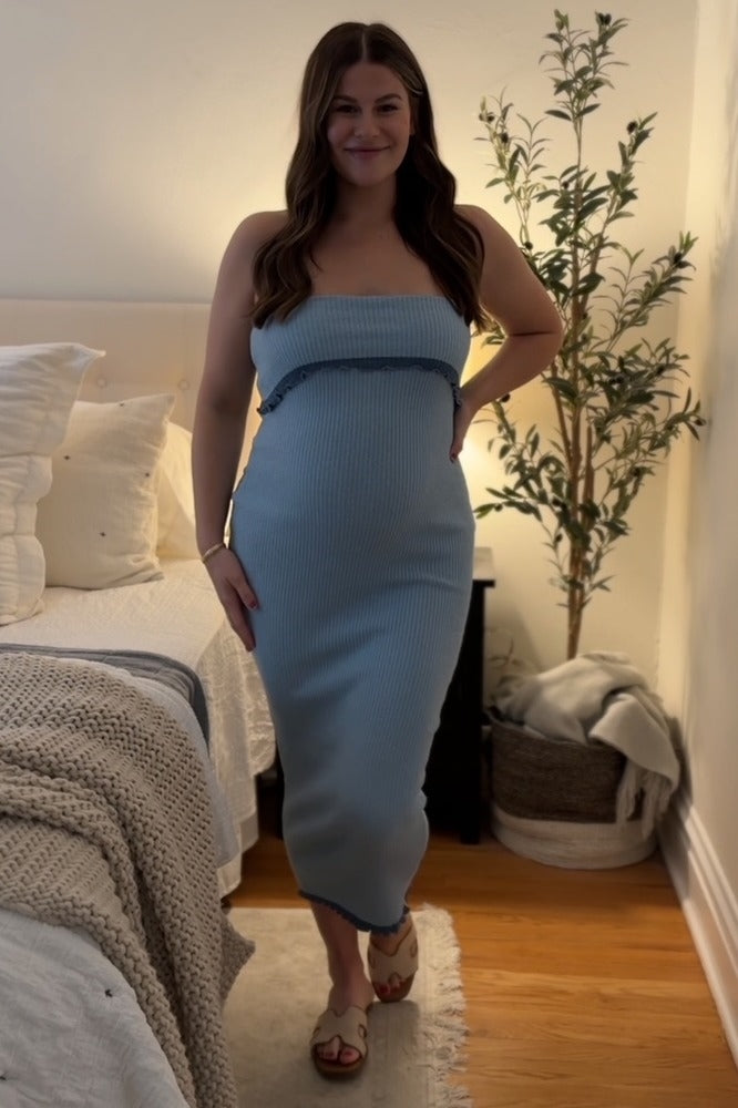 Light Blue Contrast Trim Maternity Strapless Knit Dress