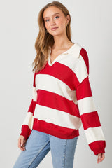 Red Wide Stripe Polo Sweater