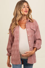 Mauve Plaid Textured Maternity Shirt Jacket