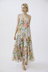 Pink Floral Tiered Ruffle Hem Maxi Dress