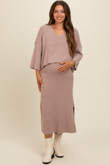 Mocha Textured Knit Top And Midi Skirt Maternity Set