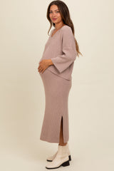 Mocha Textured Knit Top And Midi Skirt Maternity Set