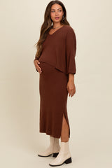 Brown Textured Knit Top And Midi Skirt Maternity Set