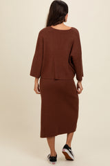 Brown Textured Knit Top And Midi Skirt Set