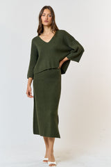 Forest Green Textured Knit Top And Midi Skirt Set