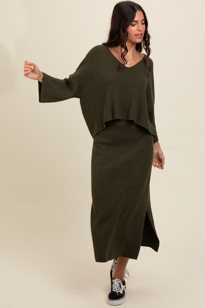 Forest Green Textured Knit Top And Midi Skirt Set