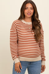 Rust Striped Crochet Knit Maternity Sweater