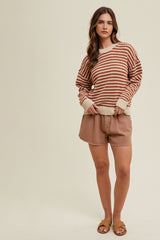 Rust Striped Crochet Knit Sweater