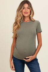 Olive Ruched Micro-Rib Maternity Top