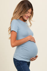 Blue Ruched Micro-Rib Maternity Top