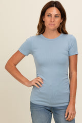 Blue Ruched Micro-Rib Top