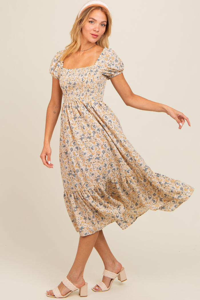 Cream Floral Smocked Ruffle Hem Midi Dress