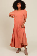 Rust Vintage Wash Puff Sleeve Maternity Maxi Dress