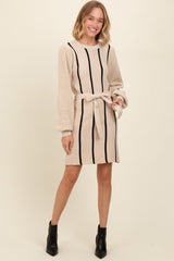 Cream Striped Sash Tie Maternity Sweater Dress