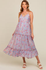 Periwinkle Abstract Floral Crisscross Back Maternity Maxi Dress