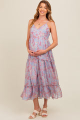 Periwinkle Abstract Floral Crisscross Back Maternity Maxi Dress