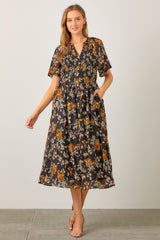 Black Smocked Floral Midi Dress