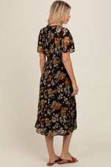 Black Smocked Floral Midi Dress