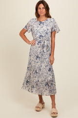 Cream Floral Pleated Midi Dress