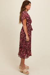 Brown Floral Pleated Midi Dress