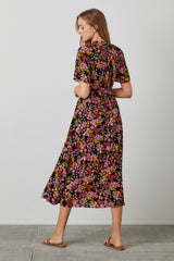 Black Floral Smocked Button Up Midi Dress