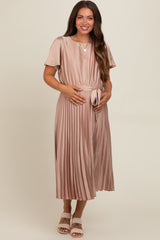 Mocha Satin Pleated Sash Tie Maternity Midi Dress