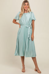 Mint Green Satin Pleated Sash Tie Maternity Midi Dress