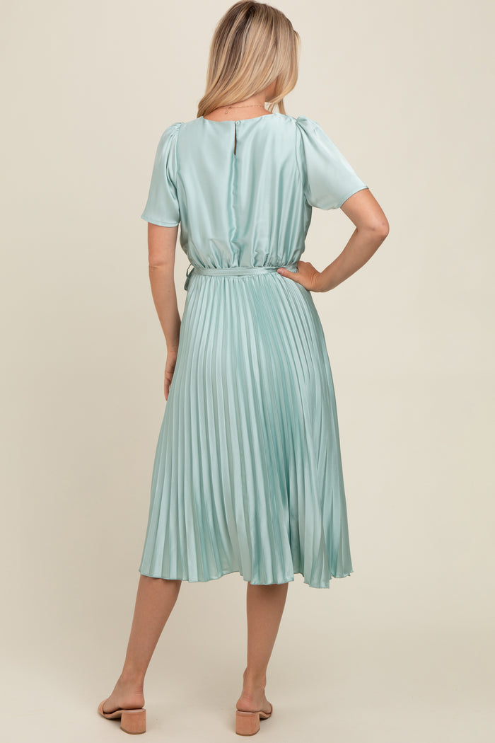 Mint Green Satin Pleated Sash Tie Midi Dress