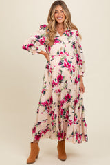 Peach Floral V-Neck Tiered Maternity Midi Dress