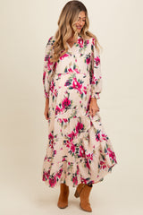 Peach Floral V-Neck Tiered Maternity Midi Dress