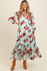 Mint Floral V-Neck Tiered Maternity Midi Dress