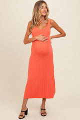 Orange Knit Ribbed Fitted Maternity Midi Dress