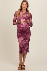 Magenta Floral Mesh Midi Maternity Dress