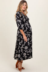 Black Floral Smocked Tiered Maternity Dress