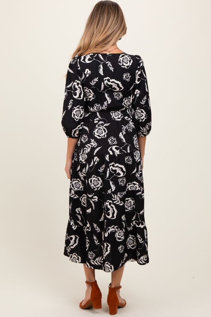 Black Floral Smocked Tiered Maternity Dress