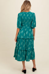 Teal Leaf Print Smocked Maternity Midi Dress