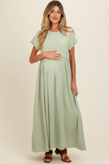 Light Olive Ruffle Trim Maternity Maxi Dress