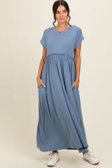 Blue Ruffle Trim Maternity Maxi Dress