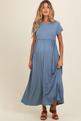 Blue Ruffle Trim Maternity Maxi Dress