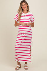 Fuchsia Striped Side Slit Maternity Maxi Dress