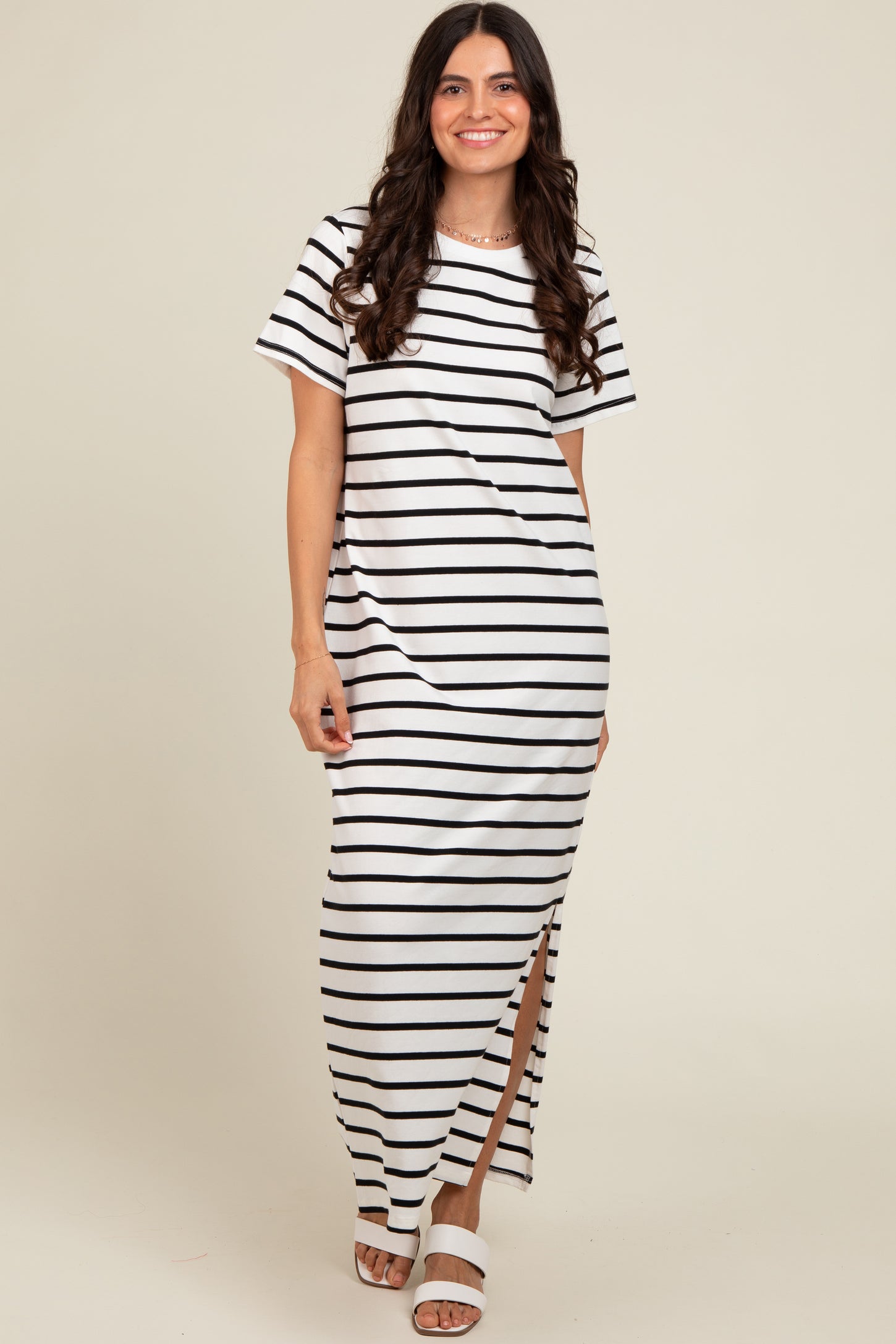 White Striped Side Slit Maxi Dress