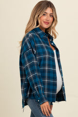 Navy Plaid Fringe Hem Maternity Shirt