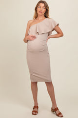 Mocha Ruffle One-Shoulder Maternity Midi Dress