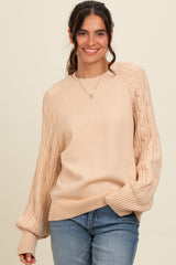 Beige Contrast Cable Knit Sleeve Maternity Sweater