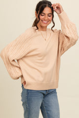 Beige Contrast Cable Knit Sleeve Sweater