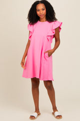 Pink Embroidered Ruffle Sleeve Maternity Dress