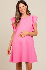 Pink Embroidered Ruffle Sleeve Maternity Dress