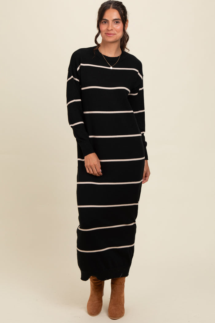 Black Striped Knit Drop Shoulder Midi Dress