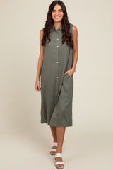 Olive Linen Button Down Midi Dress